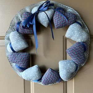 Vintage Heart Wreath country fabric lace & bow Handmade Cottagecore Farmcore